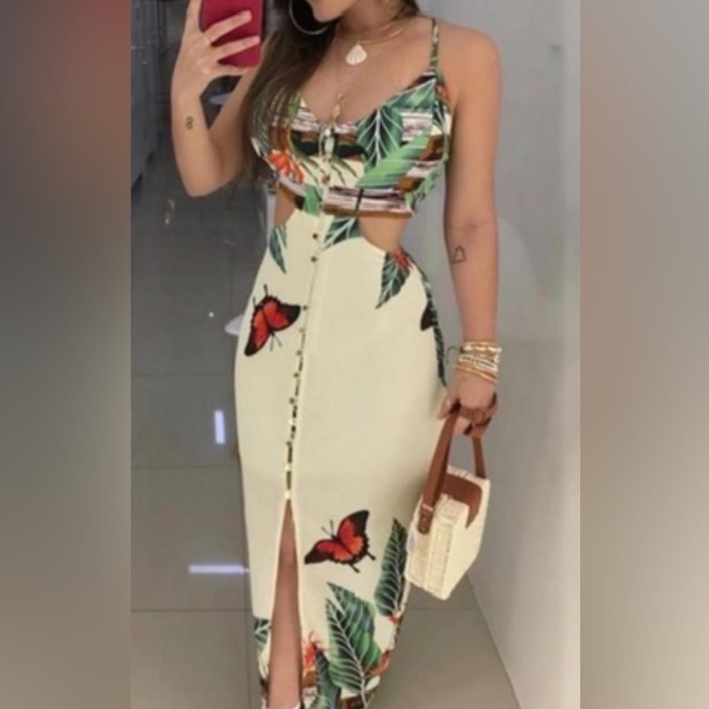 Butterfly Print Cream Midi Dress